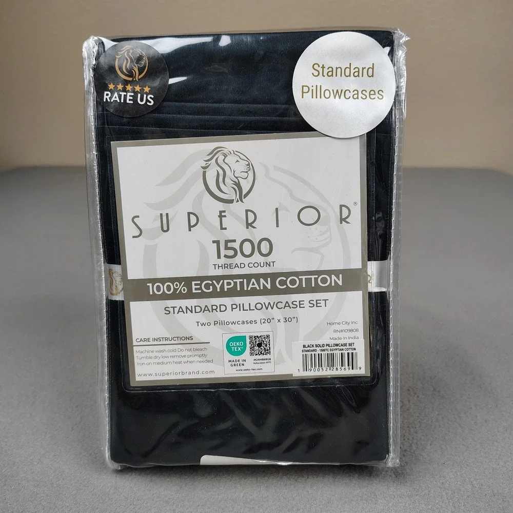 SUPERIOR 100% Egyptian Cotton 1500 Thread Count Standard Pillowcase Black 2 Pack